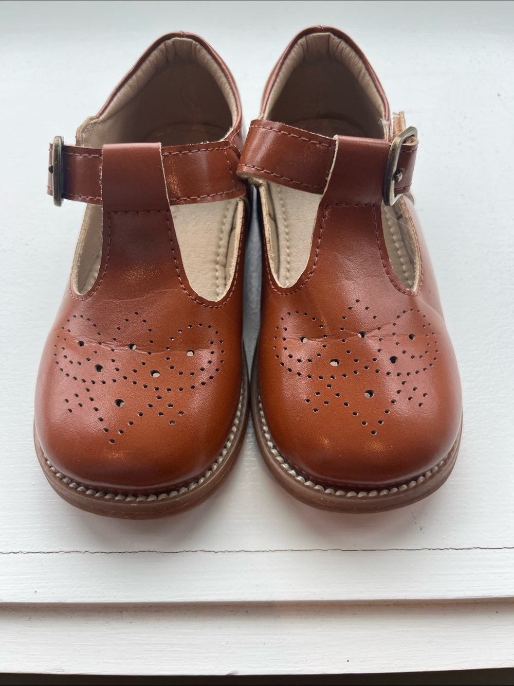 Otter Momo Tan T‑Strap Kids Dress Shoes with Heart Perforation